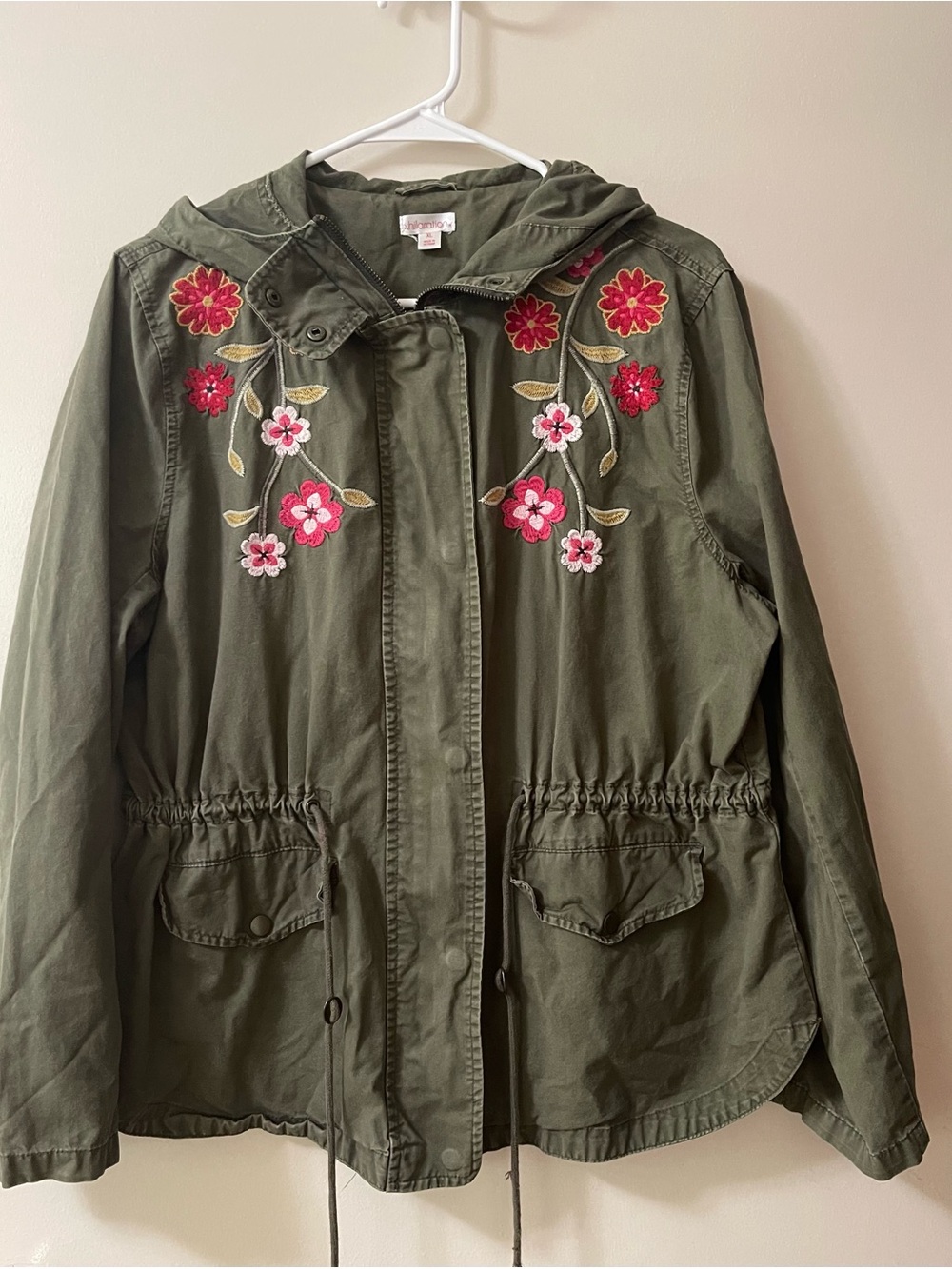 Xhilaration Sz XL Womens Olive Green Embroidered Jacket Pockets & Hood Waist Tie